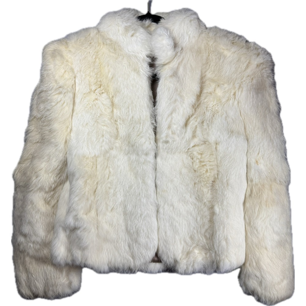 Vtg Cropped Rabbit Fur Coat Women S White Structured Shoulders Old Hollywood